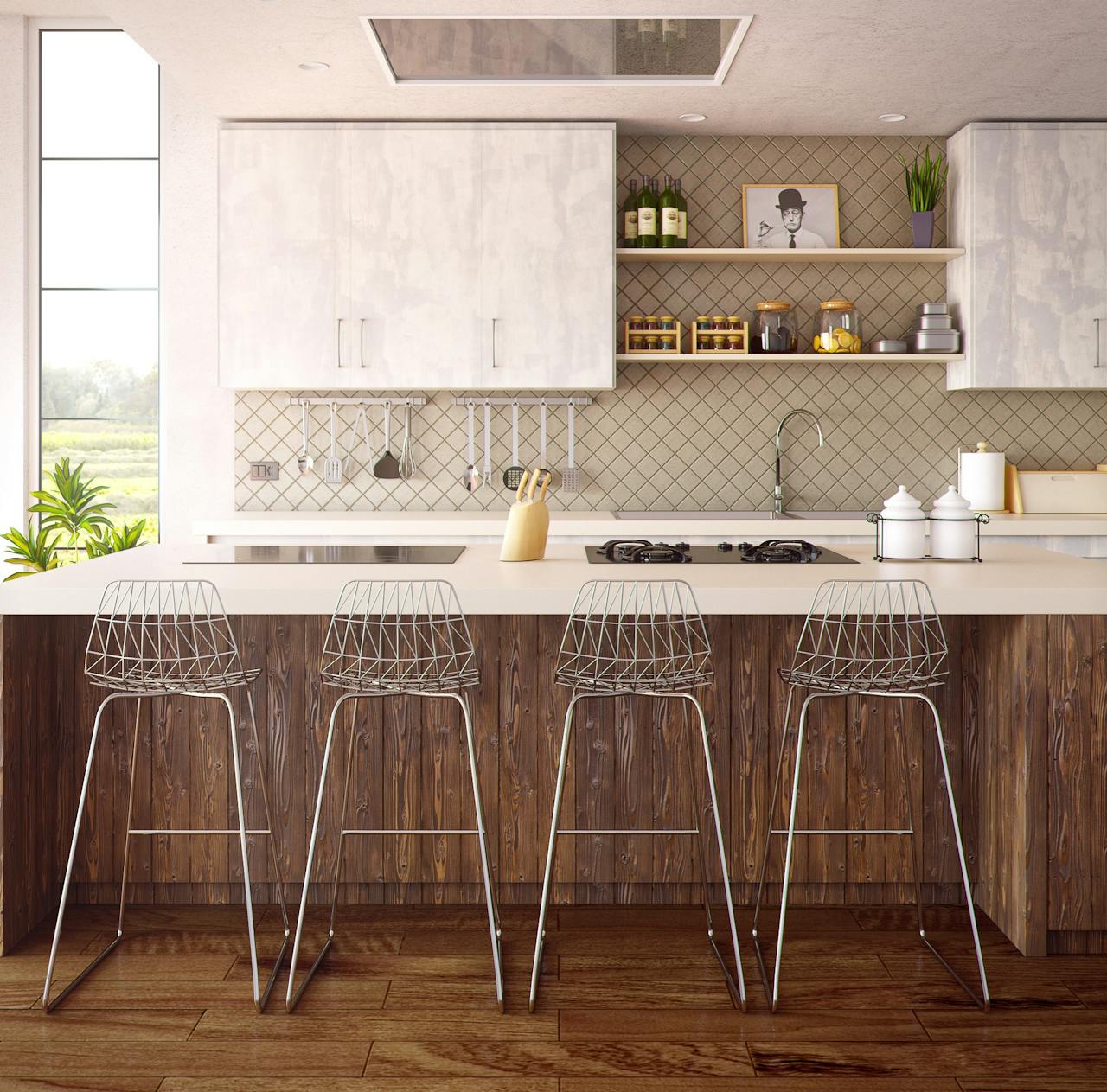 services-03 Chic minimalist kitchen design featuring wooden accents and modern bar stools.